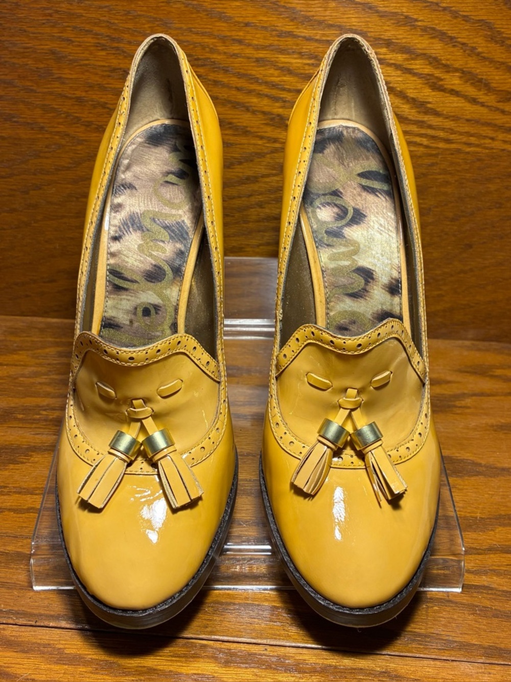 Sam Edelman Tan Patent Leather Tasseled Heeled Loafers Size 9 - Picture 3 of 15